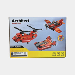 Red brick building toy helicopter model on Architect 3107 back of box
