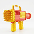 Yellow and red 34-hole electric bubble gun toy with handle and bubble nozzle