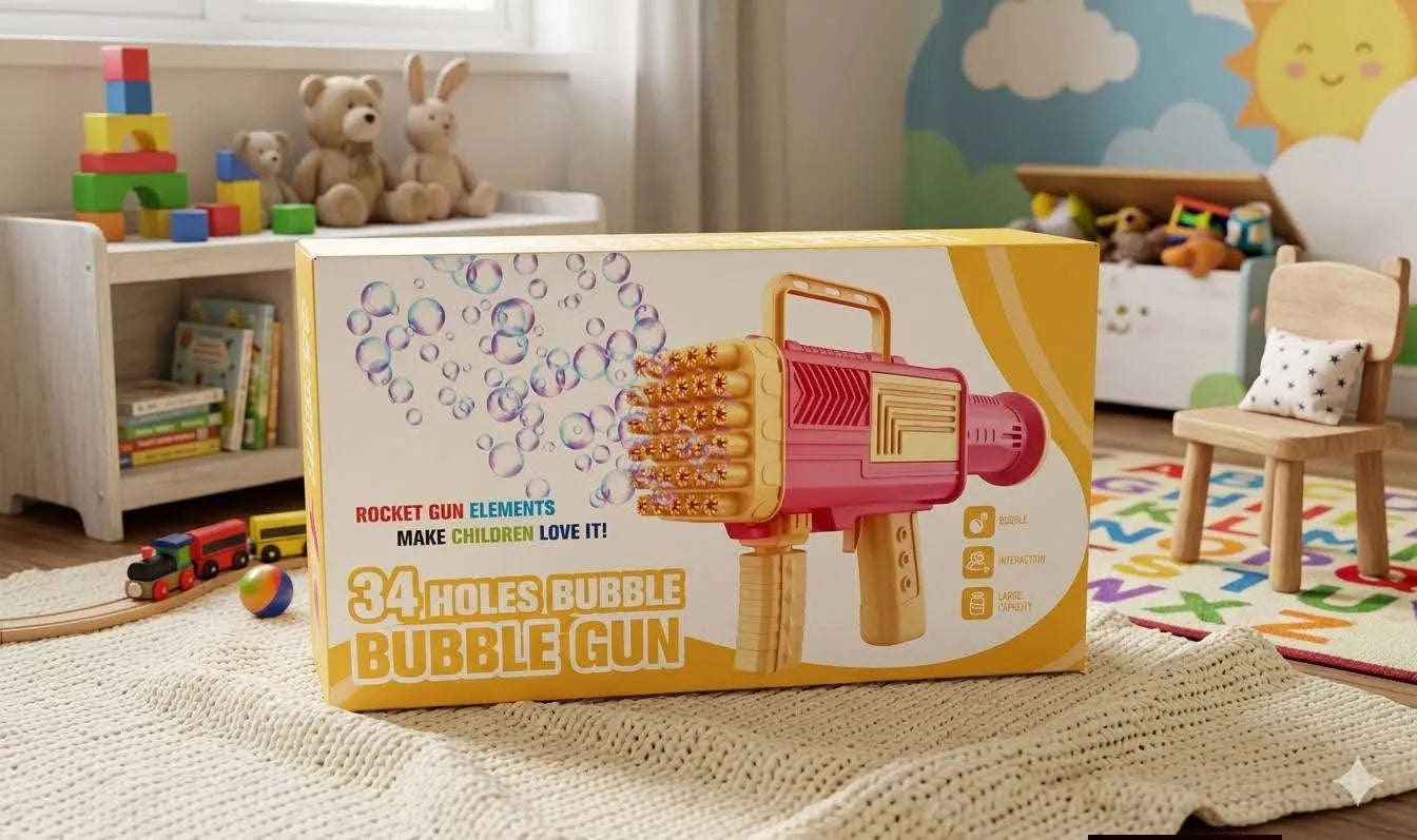Boxed 34-hole electric bubble gun toy with bubble nozzle and carry handle