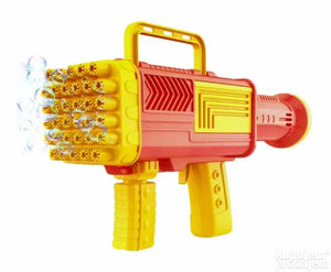 Yellow and red 34-hole bubble gun toy with front nozzle and grip