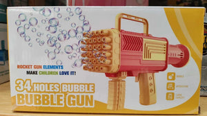 Yellow 34-hole bubble gun toy in retail box packaging with bubble nozzle