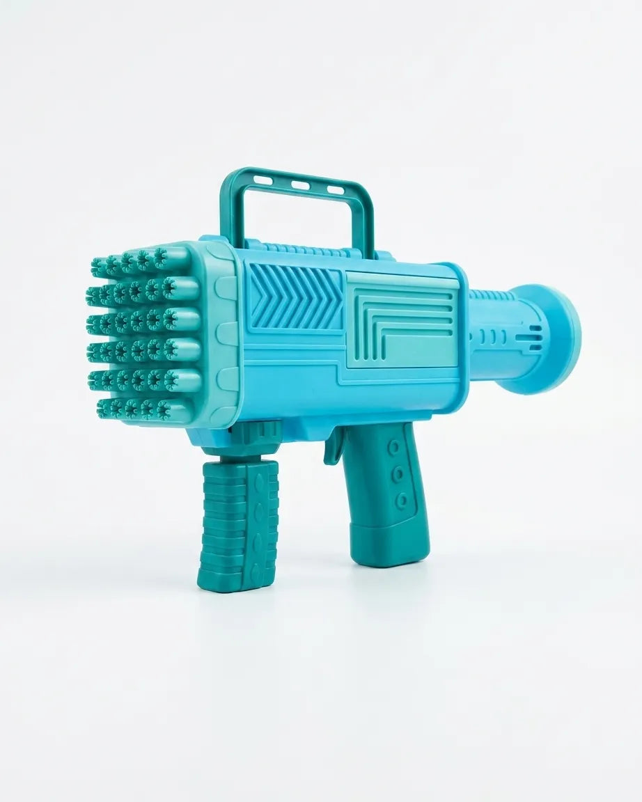Blue 34-hole electric bubble gun toy with front nozzle and carry handle