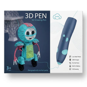 Blue 3D drawing pen with two light indicators and USB charger box