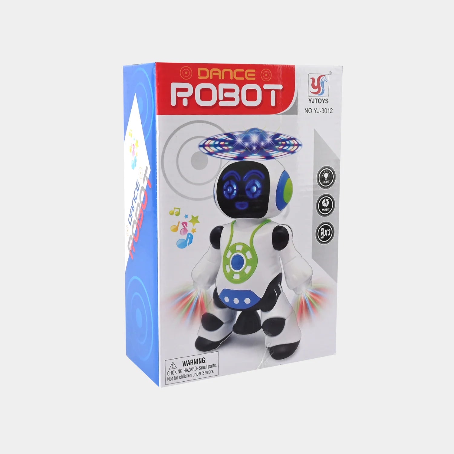 Dancing robot toy in retail box with blue header and image of white robot