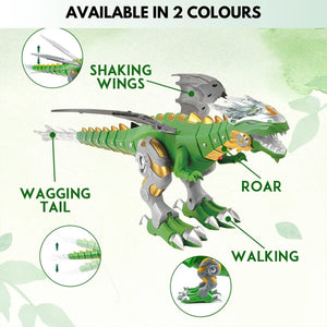 Green electric walking dragon toy with shaking wings and wagging tail, walking stance
