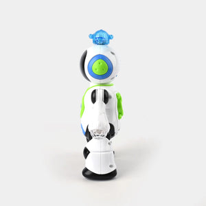 White dancing robot toy standing, blue head light, green chest screen, side arms