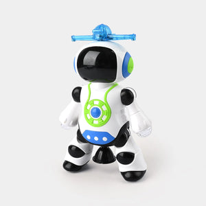White dancing robot toy with black head screen, green chest control, blue belt panel
