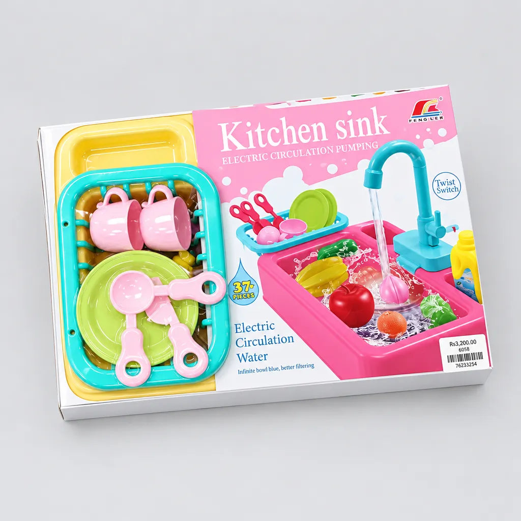 Splash Kitchen Sink boxed playset with cups, green plates and circulating-water tap illustration