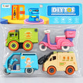 Four DIY take-apart food vehicles with a toy screwdriver: green burger truck, pink dessert scooter, blue ice-cream three-wheeler and cream food van