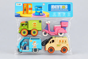 Four DIY take-apart food vehicles with a toy screwdriver: green burger truck, pink dessert scooter, blue ice-cream three-wheeler and cream food van