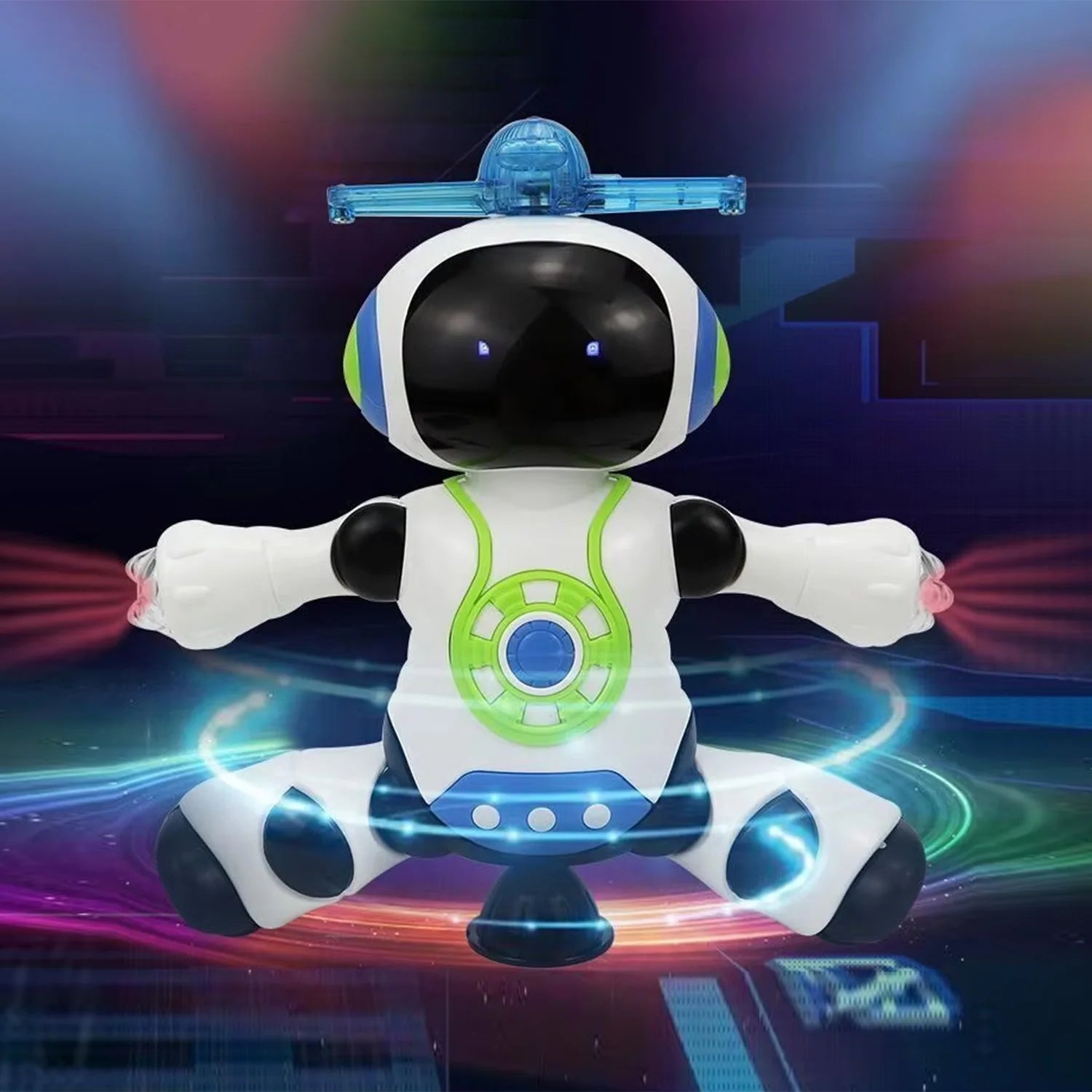 White dancing robot toy with blue light bar and glowing base, green chest panel