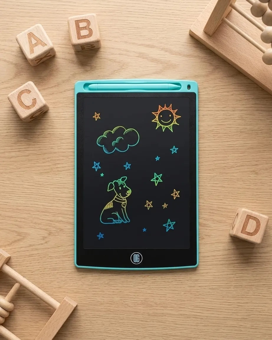 8.5-inch LCD writing tablet with turquoise frame and star, cloud, animal drawings