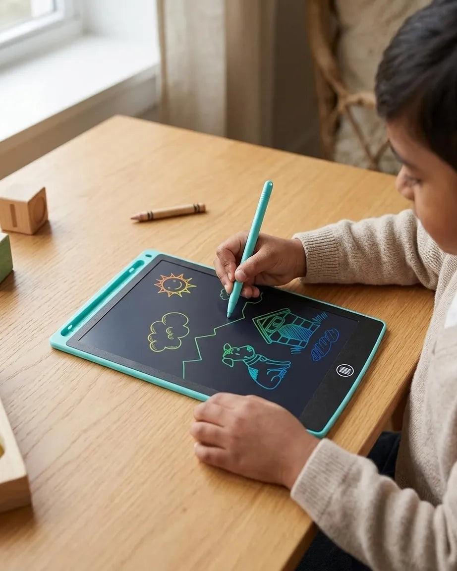 Kids LCD writing tablet in use, child draws with stylus on dark screen