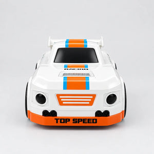 Top view of black mini RC drift car with orange stripes and white twin-stick controller
