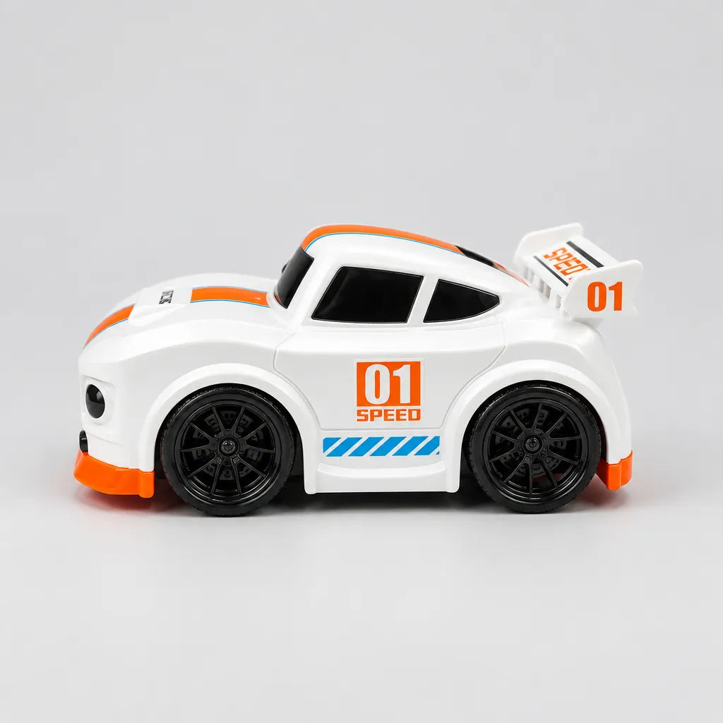 Top view of white mini RC drift car with orange and blue stripes beside its controller