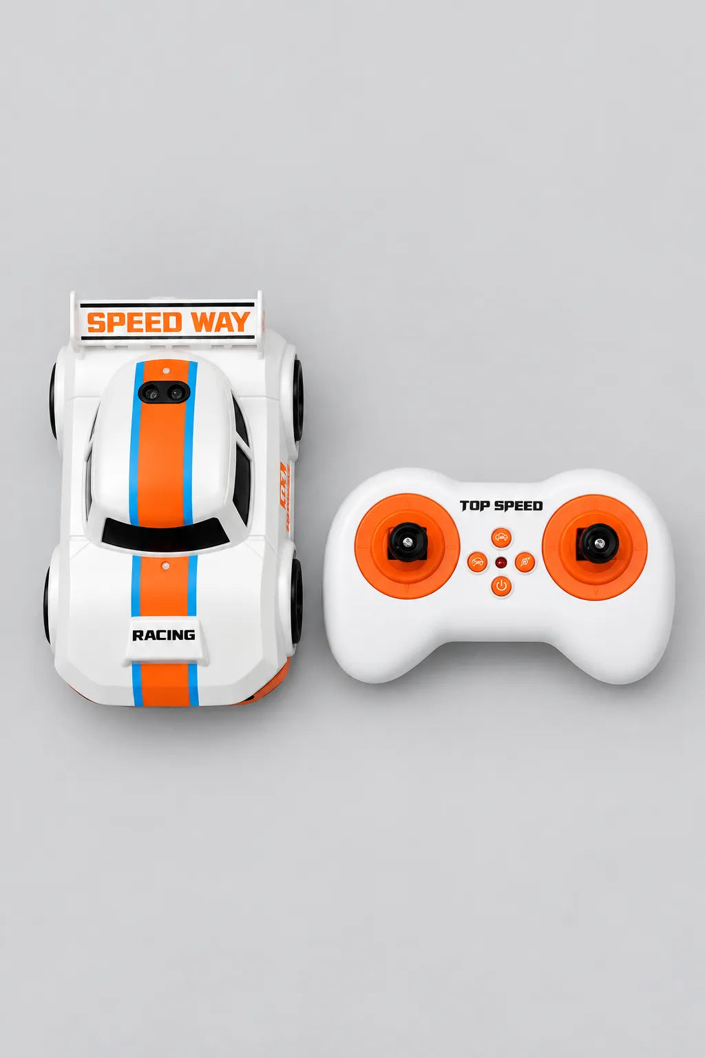 Side view of black mini RC drift car with orange trim, number 02 and rear spoiler