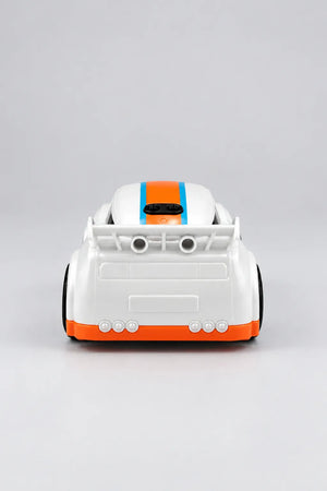 Front view of white mini RC drift car with orange grille and orange and blue racing stripes