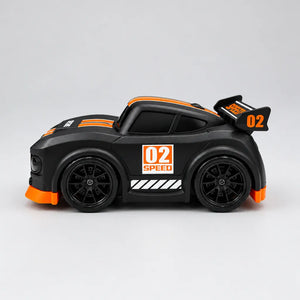 Rear view of black mini RC drift car showing spoiler and orange bumper