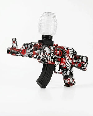 Gel blaster toy gun with red/black/white skull graffiti and clear hopper