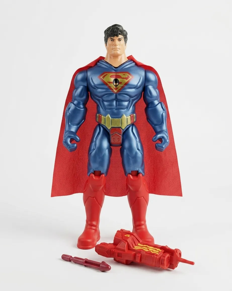 Superman action figure with a red cape, blue suit, and gold belt, standing on a light gray background with a red weapon accessory in front.