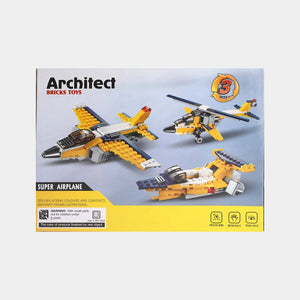 Architect airplane building blocks set box showing three aircraft poses, yellow gray.