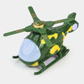 Green attack helicopter toy with spinning rotor and glowing front headlight lens