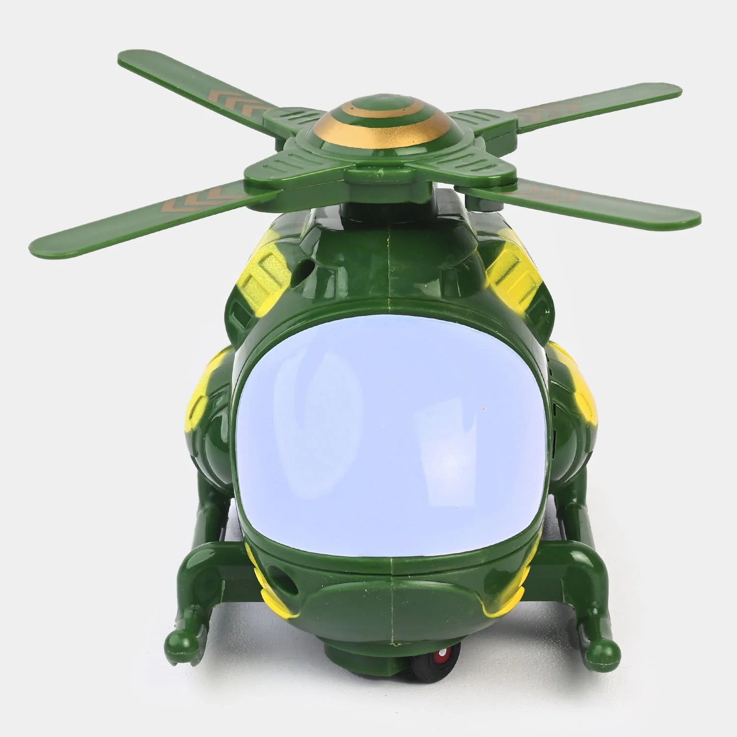 Green attack helicopter toy front view with large glowing headlight and rotors