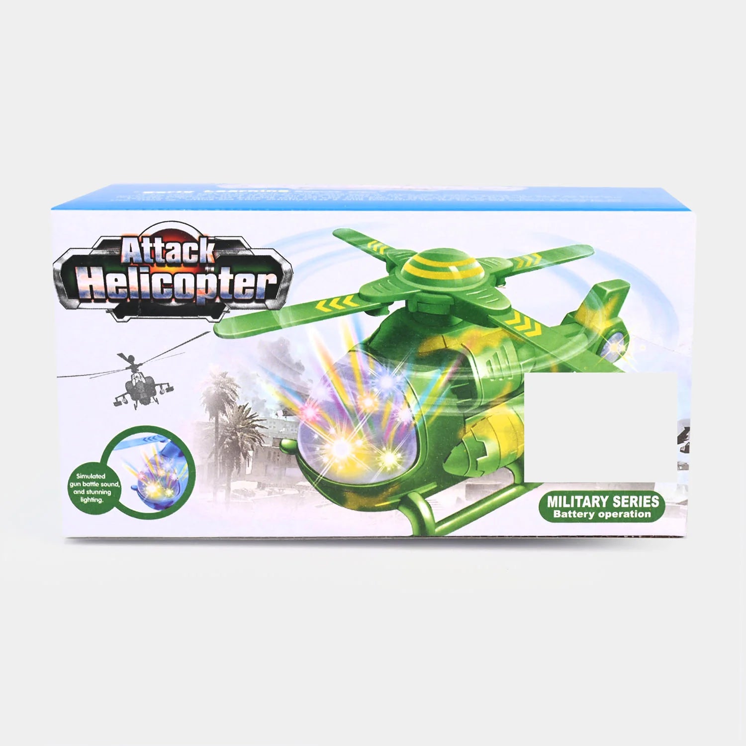 Attack Helicopter toy box, Military Series theme with helicopter and light spark graphic