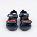 Front view of navy kids sandals with adjustable straps and red-and-yellow accents