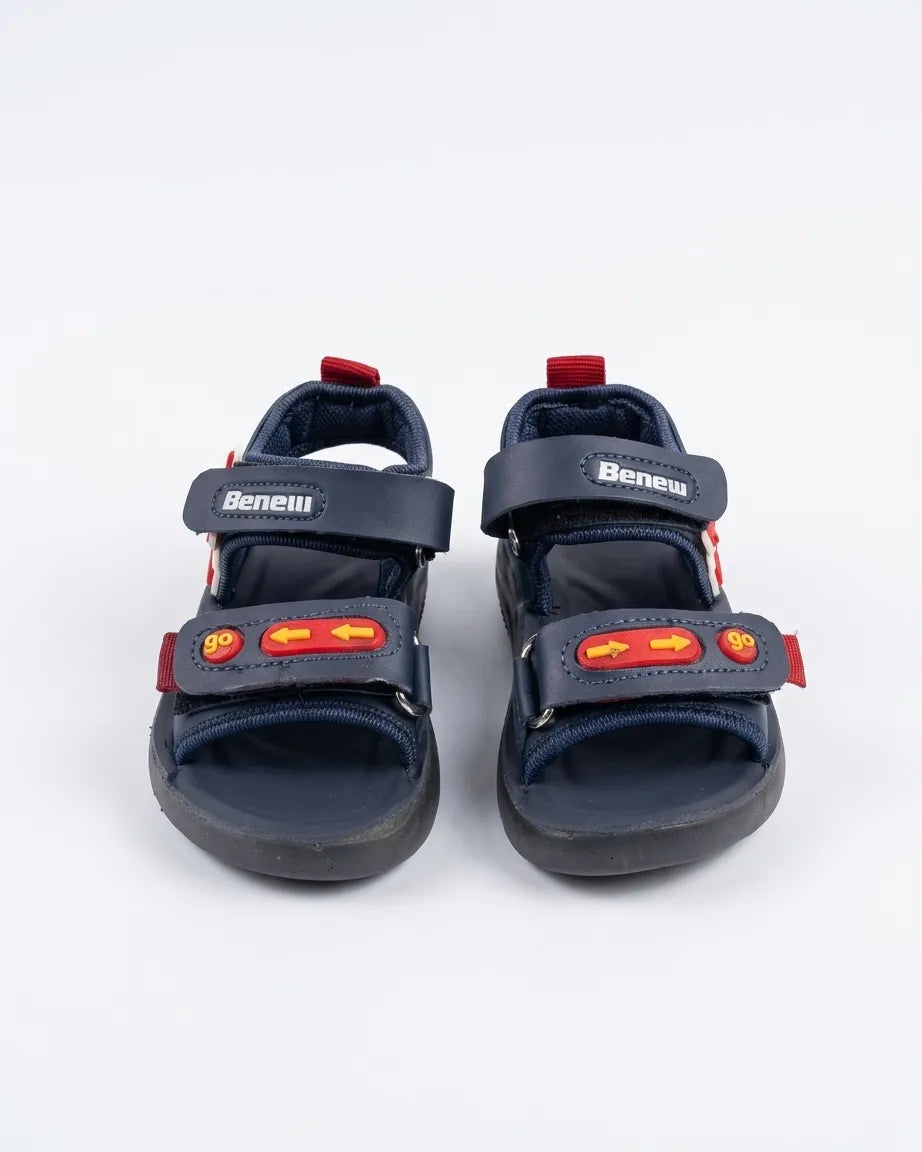 Front view of navy kids sandals with adjustable straps and red-and-yellow accents