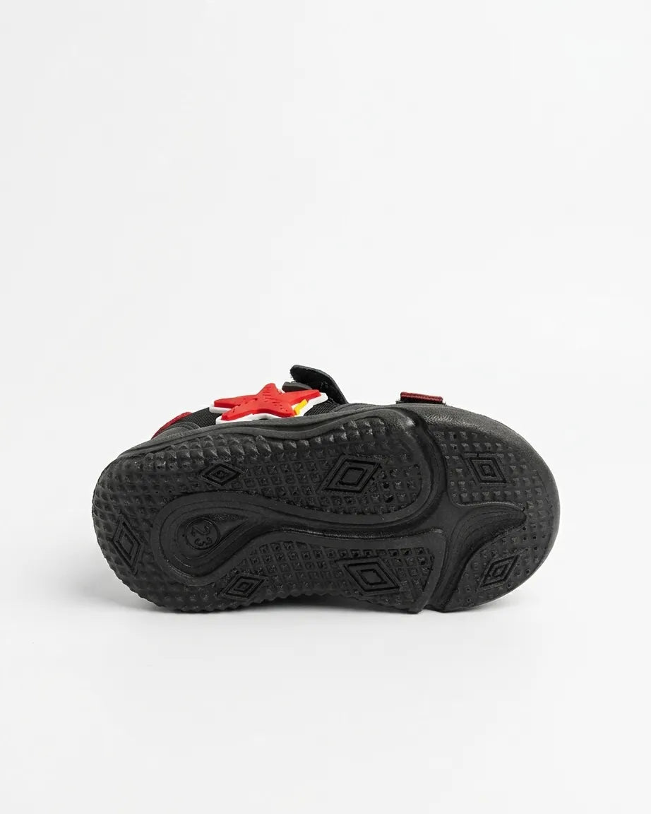 Pair of navy starfish kids sandals showing both adjustable straps