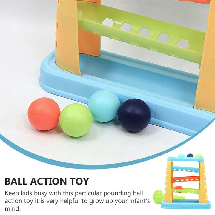 Pounding balls (orange, green, light blue, dark blue) beside a blue ball tray.