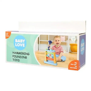 Baby hammering pounding toy retail box with toddler playing on a colorful frame.