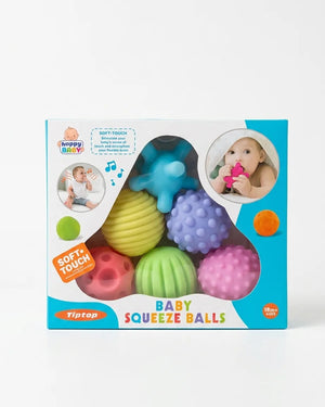 Baby squeeze balls sensory toy set shown in blue retail box with multi-color textured balls