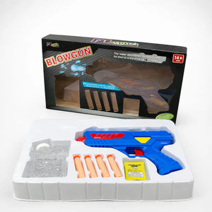 Blue water blowgun toy gun with orange foam darts and absorbent foam bullets