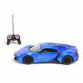 1:16 scale RC sports car with blue body, rear wing, and remote controller