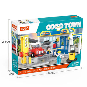 Auto service shop building blocks set box: blue garage with yellow columns, vehicles and figures
