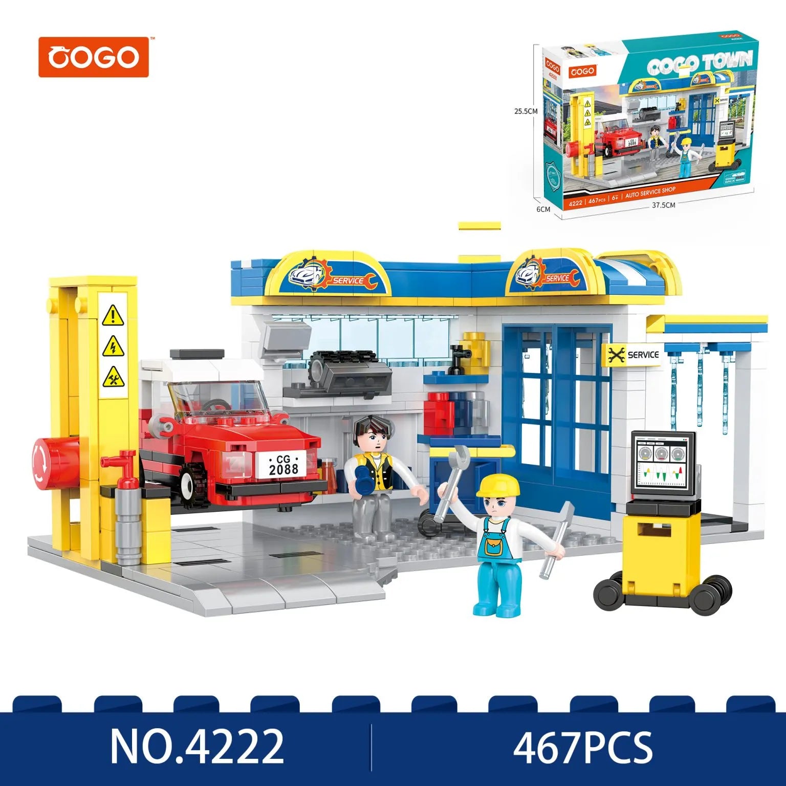 Auto service shop building blocks set, blue garage bay with red car, worker and service cart