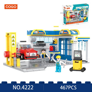 Auto service shop building blocks set, blue garage bay with red car, worker and service cart