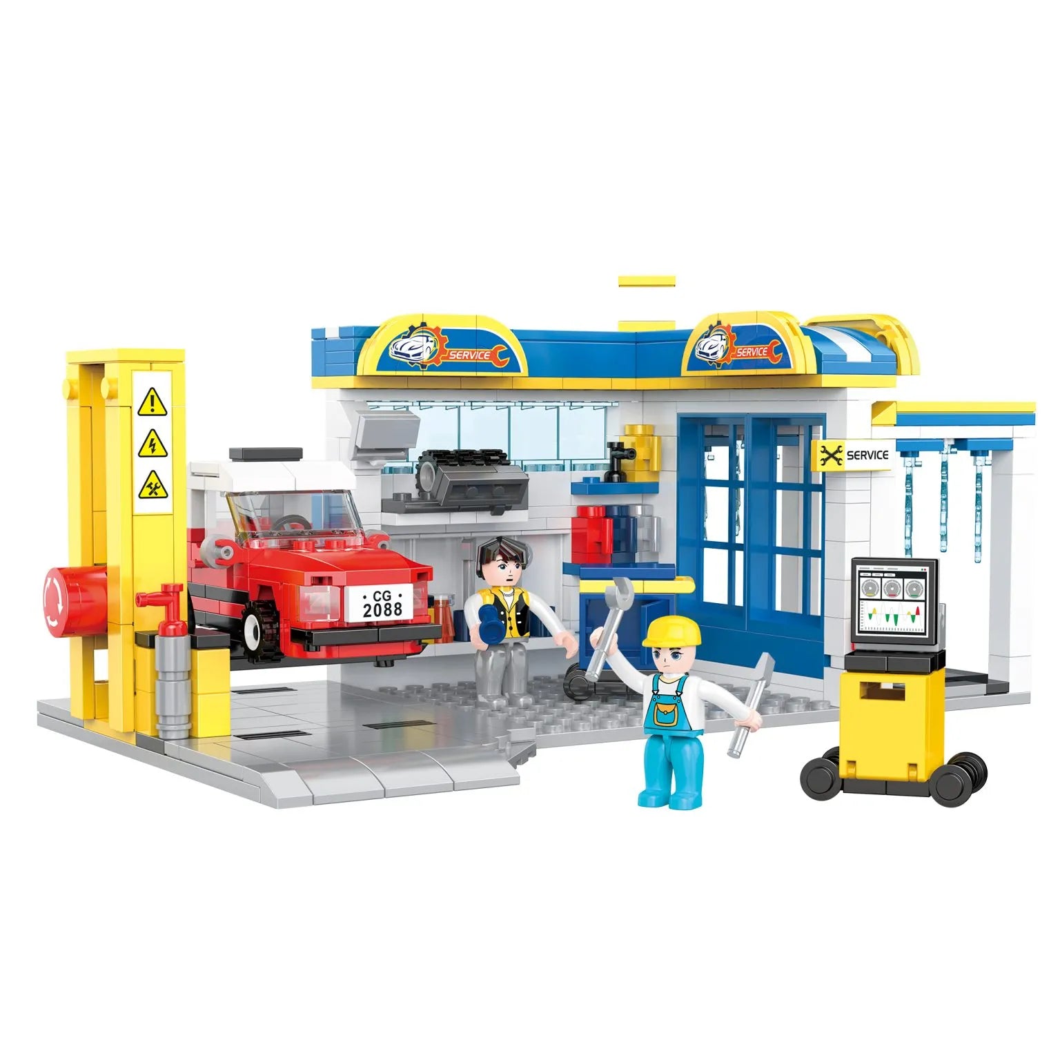Auto service shop building blocks set, blue garage bay with red car and three minifigures