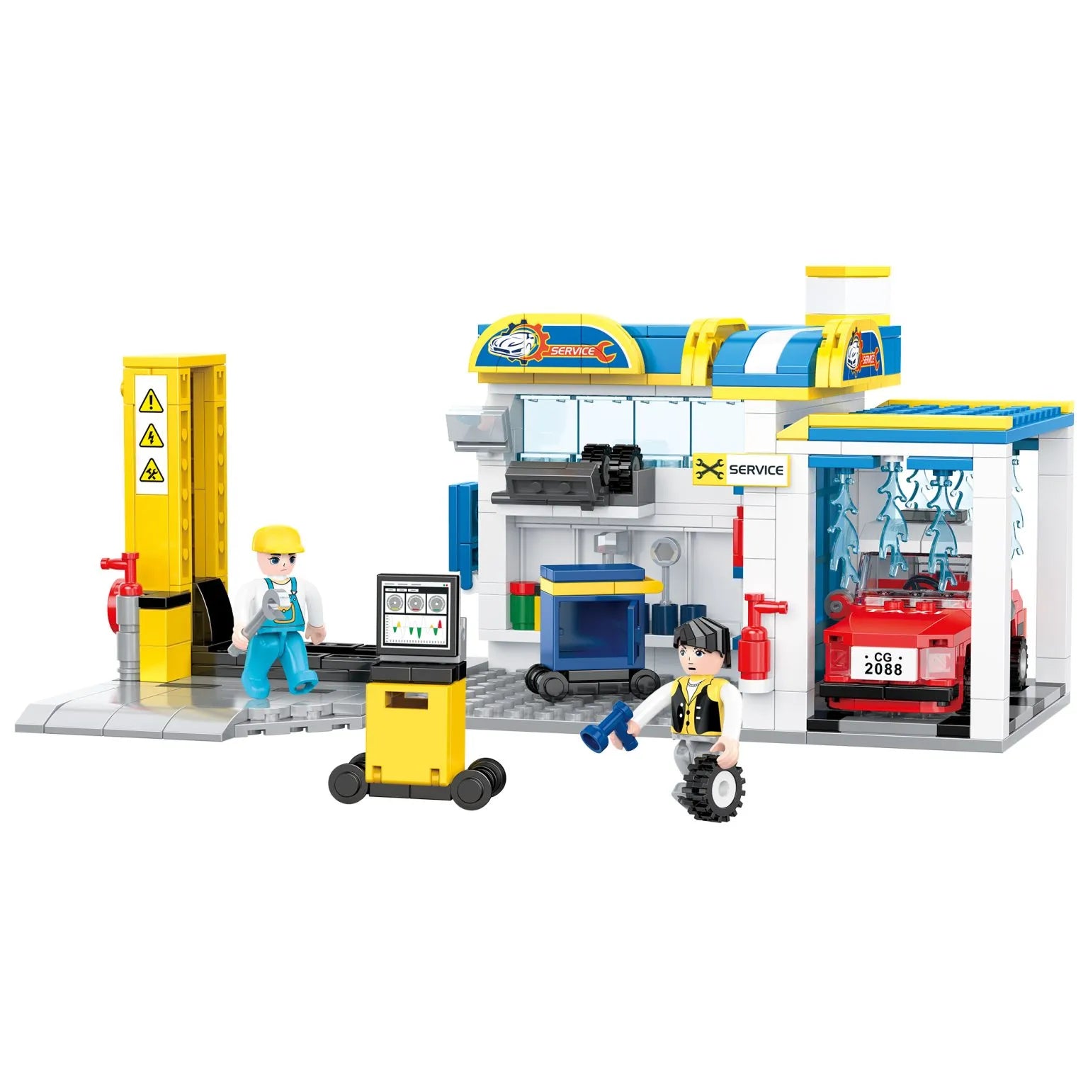 Auto service shop building blocks set, blue service bay with red car lift and two minifigures
