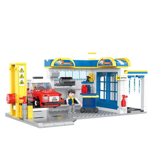 Auto service shop building blocks set, blue workshop with yellow pump column and red car