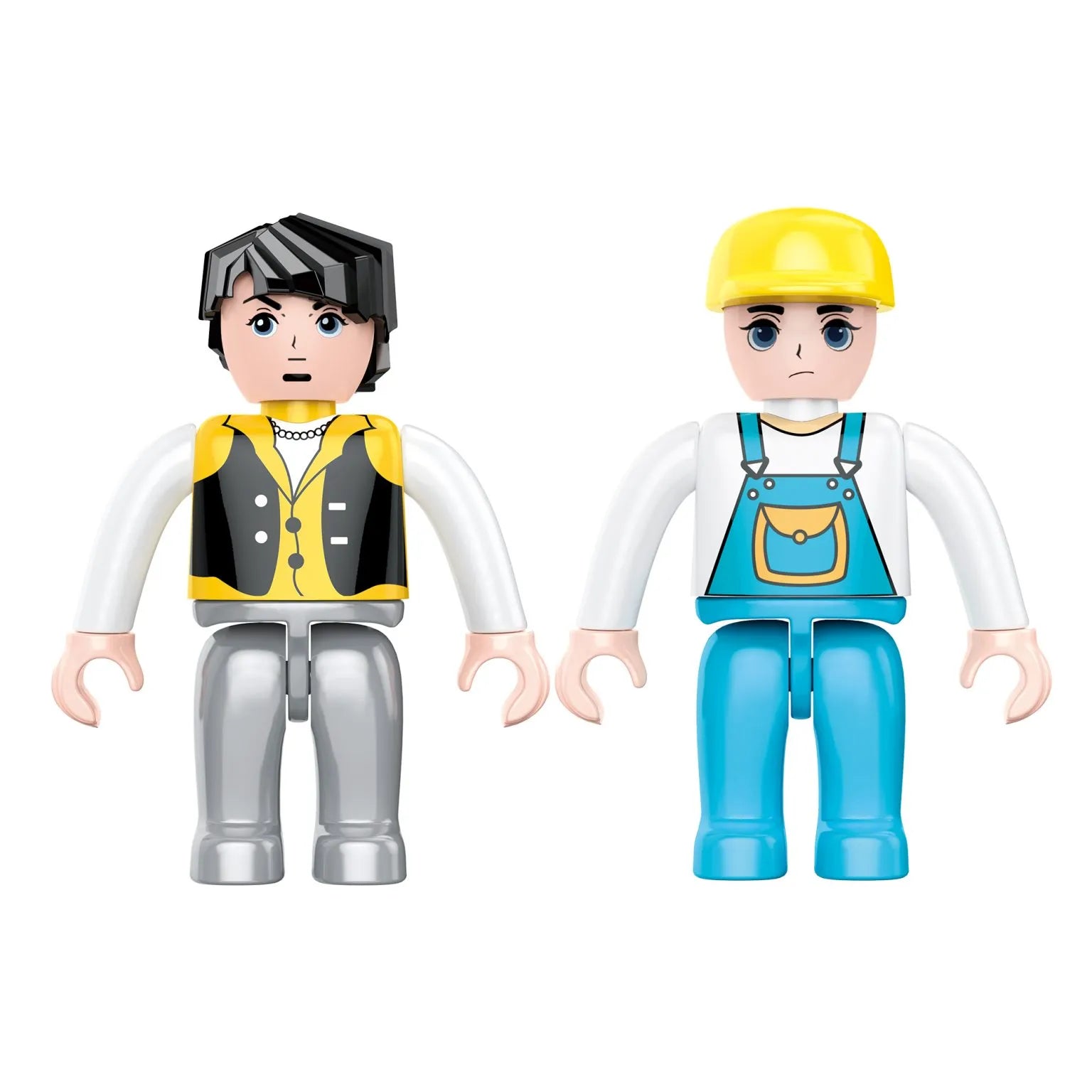 Minifigure pair from auto service shop building blocks set: mechanic with cap and customer