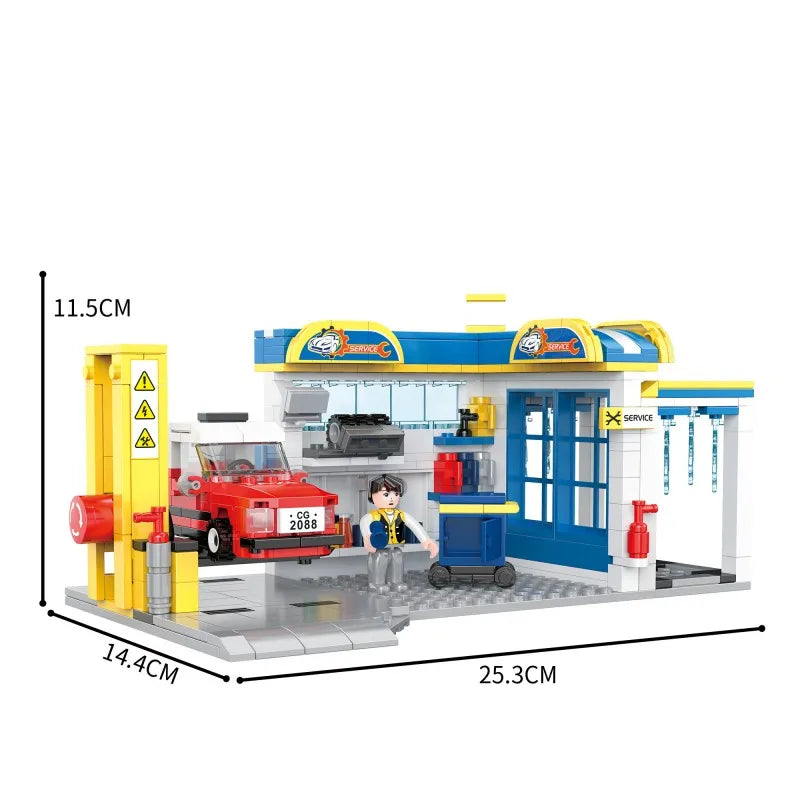 Auto service shop building blocks set with measurements, blue garage and red car on gray base