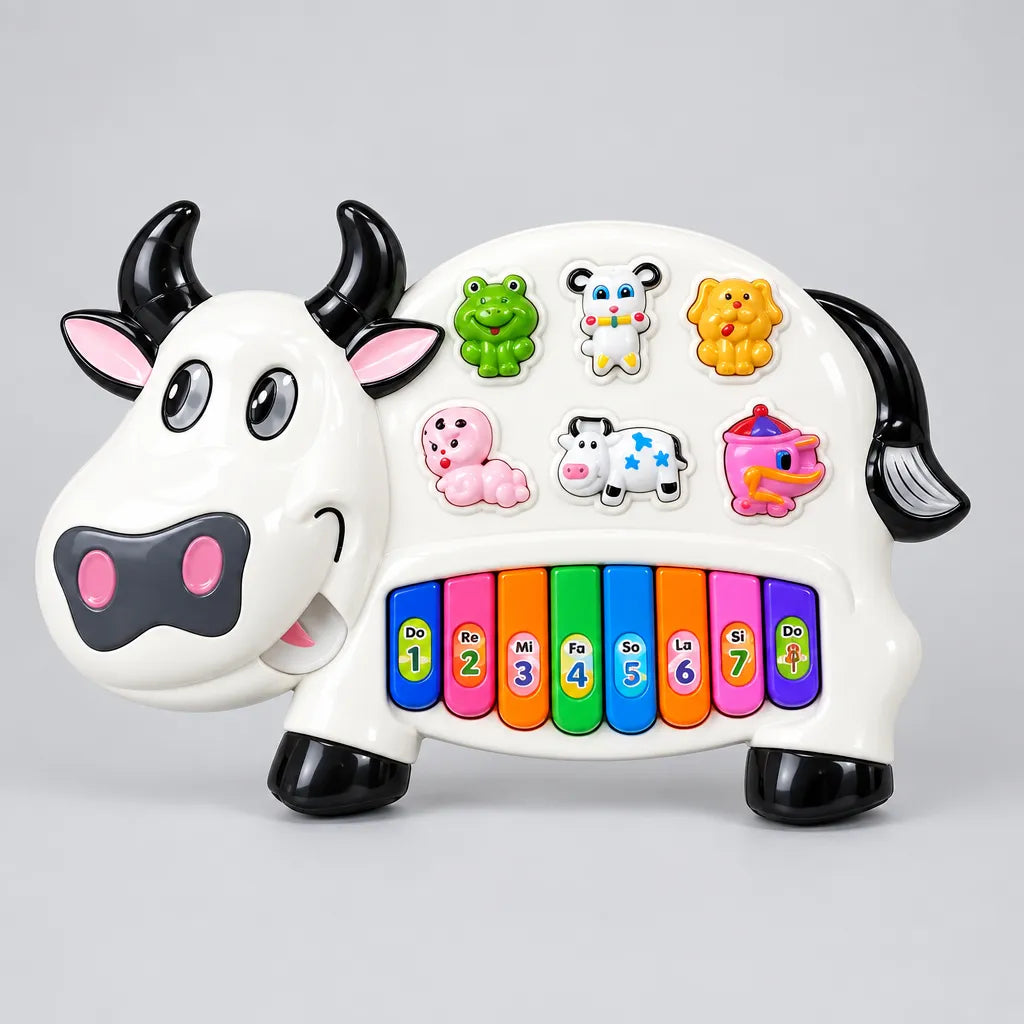 White cow-shaped piano toy with eight colourful numbered keys and raised character buttons