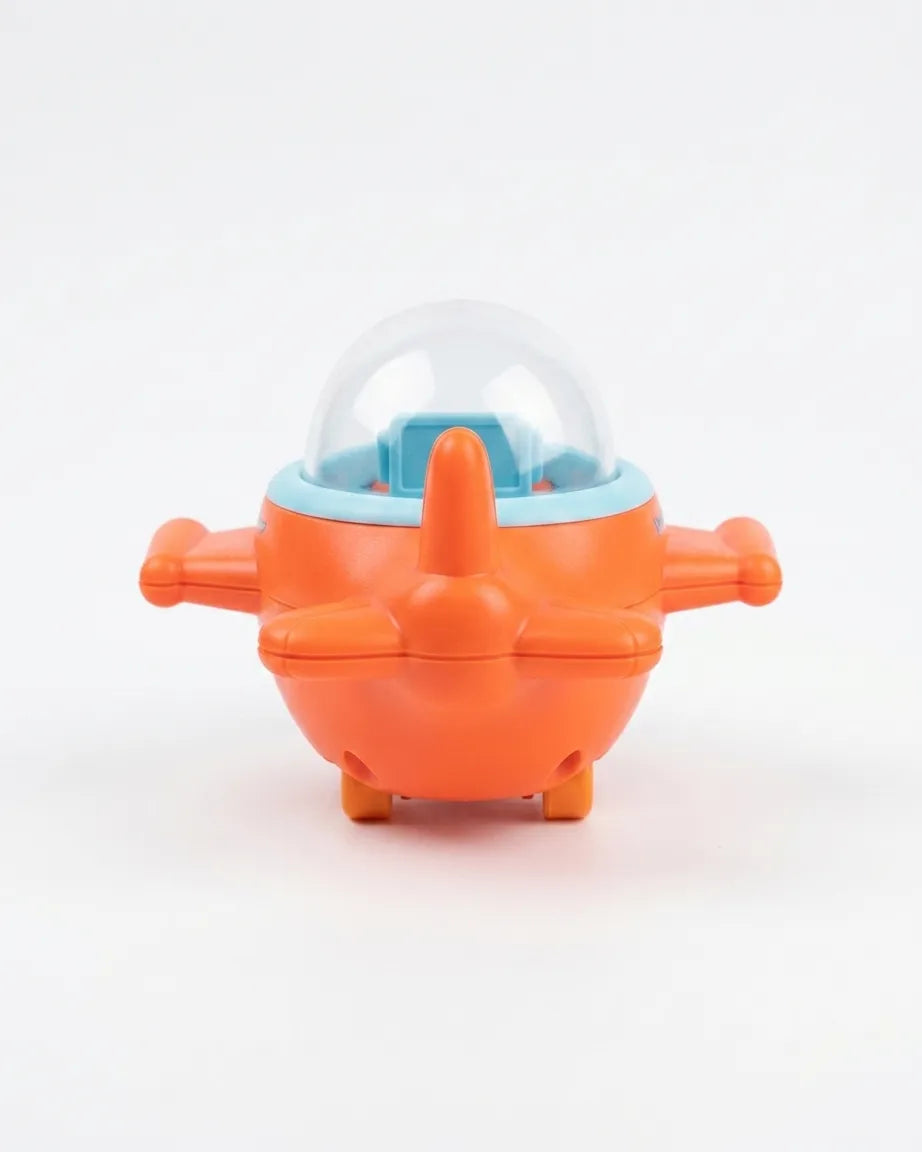 Orange mini airplane toy, clear dome cockpit and snowman pilot, front view.