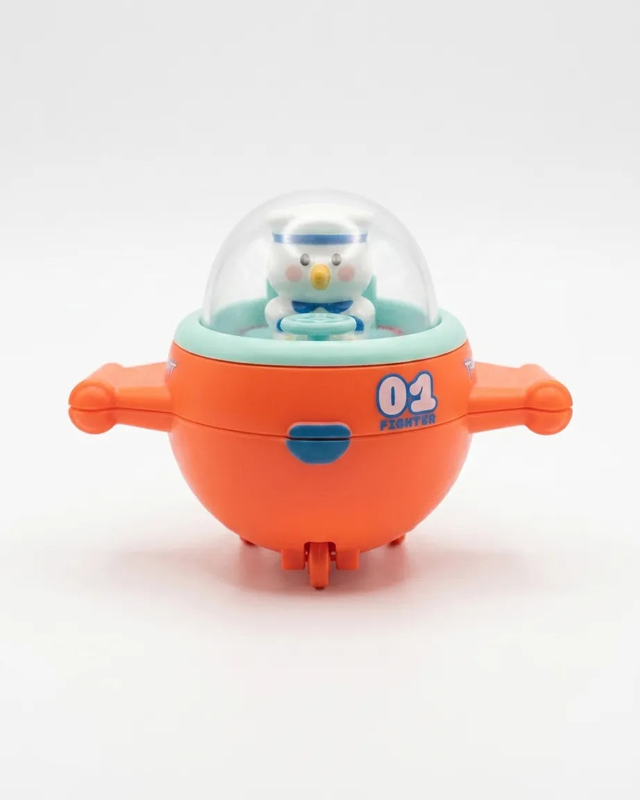 Orange mini airplane toy with clear dome cockpit, snowman pilot, '01' badge front.