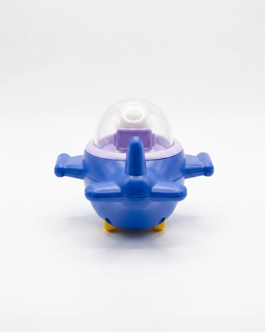 Blue mini airplane toy, front view with clear dome and snowman pilot figure