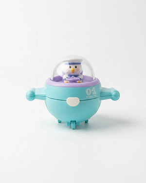 Sky-blue toy airplane with clear dome and pilot inside, front view