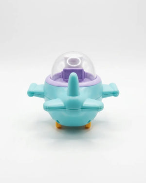 Sky-blue toy airplane with clear dome and teal nose cone, front view
